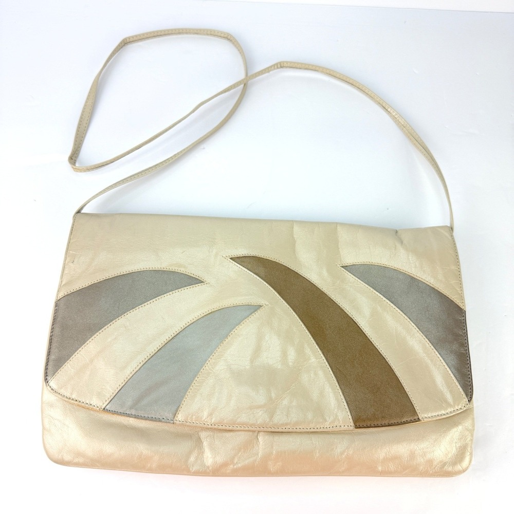 Vintage 80s BLOCK Patchwork Clutch Shoulder Bag Gold Silver gray Leather